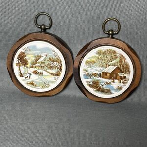 2 Vntg Jerry Abrams Currier Ives Wall Plaque Cottage Decor Ceramic Tile & Wood